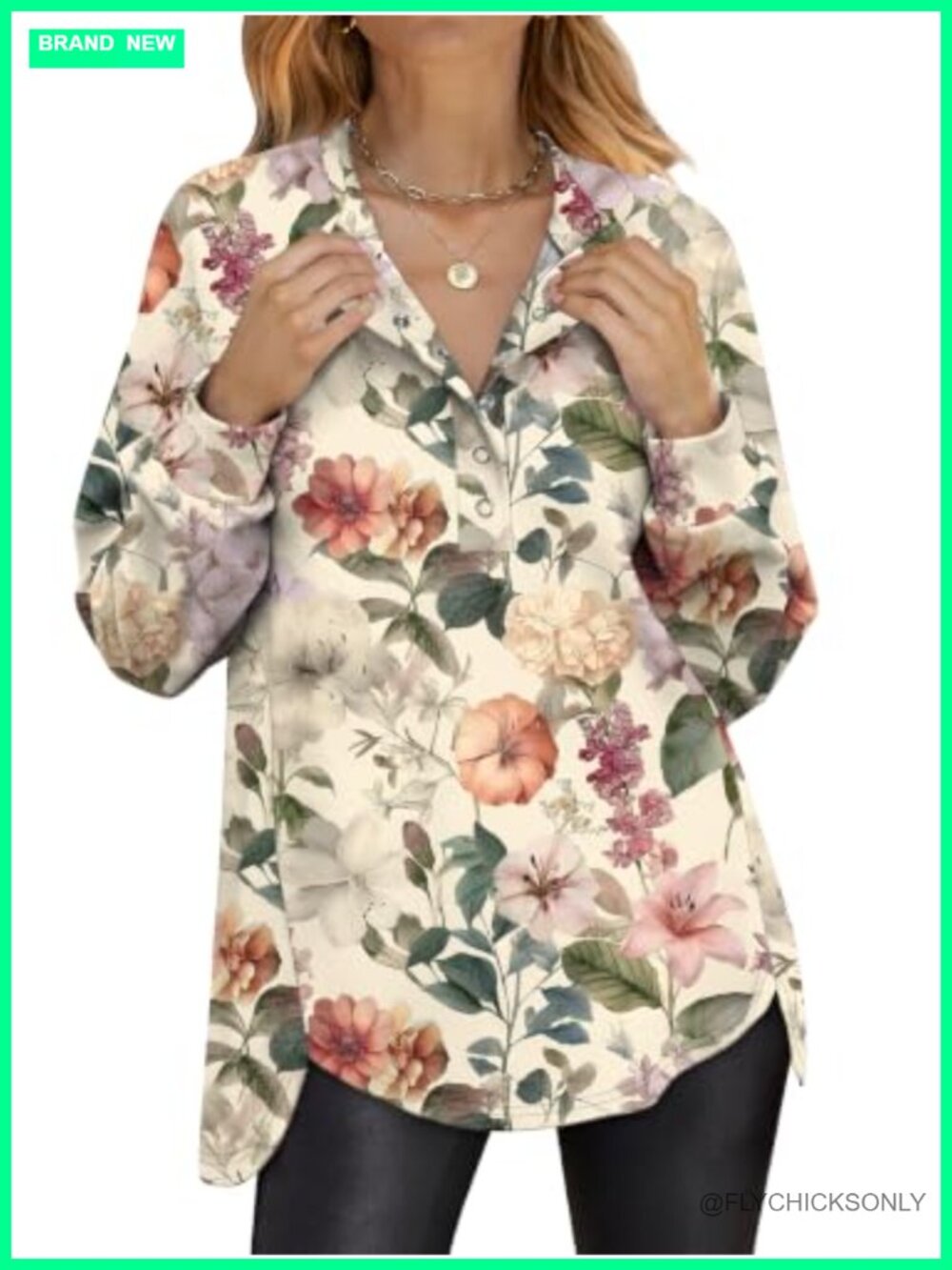 Oversized Printed Henley Sweatshirt Curved Hem Tunic Pullover